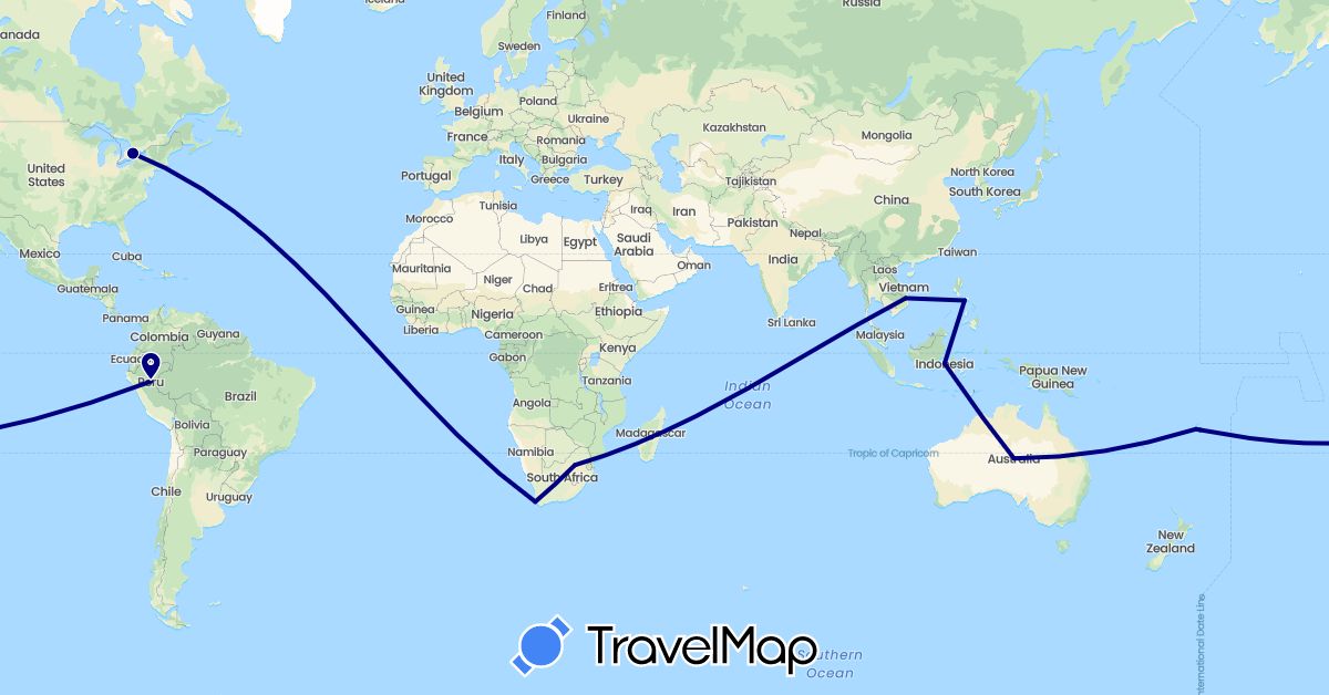 TravelMap itinerary: driving in Australia, Canada, Fiji, Indonesia, Peru, Philippines, Vietnam, South Africa (Africa, Asia, North America, Oceania, South America)